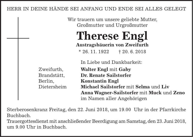 Traueranzeige Therese Engl