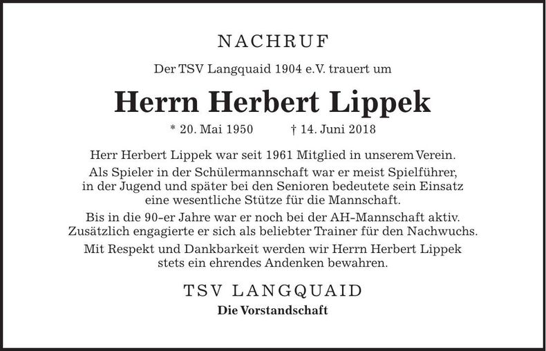 Traueranzeige Herbert Lippek