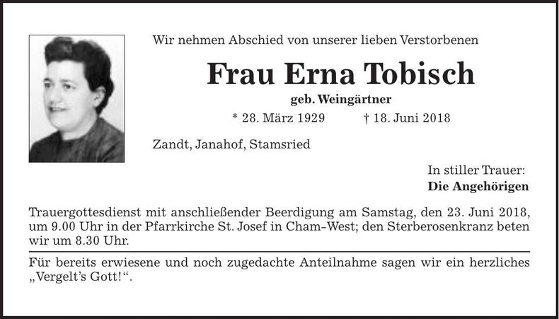 Traueranzeige Erna Tobisch