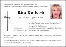 Traueranzeige Rita Kolbeck