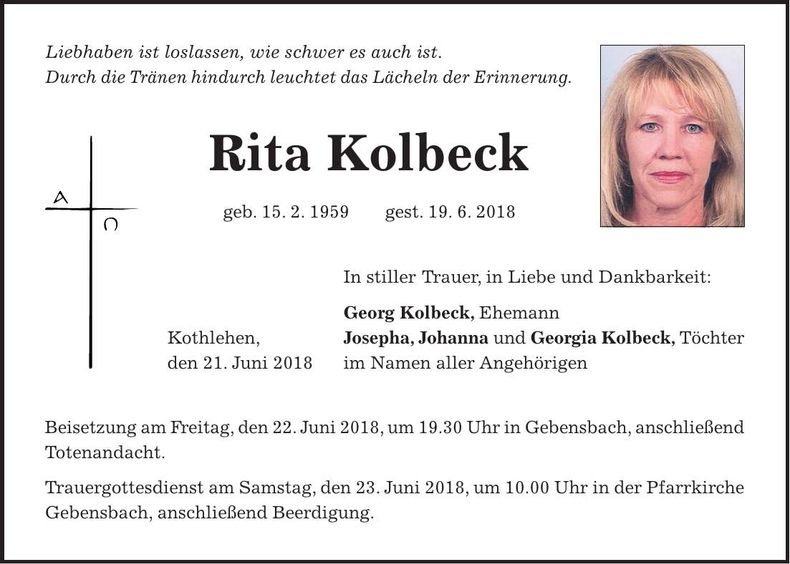 Traueranzeige Rita Kolbeck
