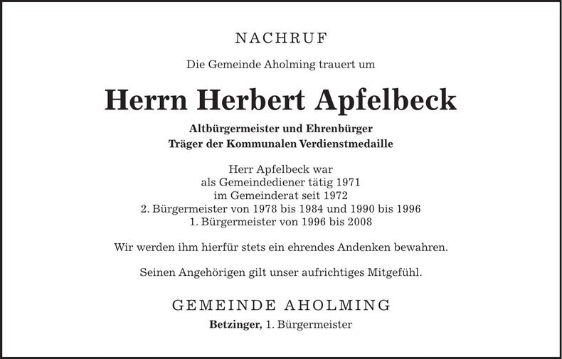 Traueranzeige Herbert Apfelbeck