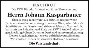 Traueranzeige Johann Kasparbauer