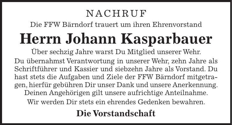Traueranzeige Johann Kasparbauer