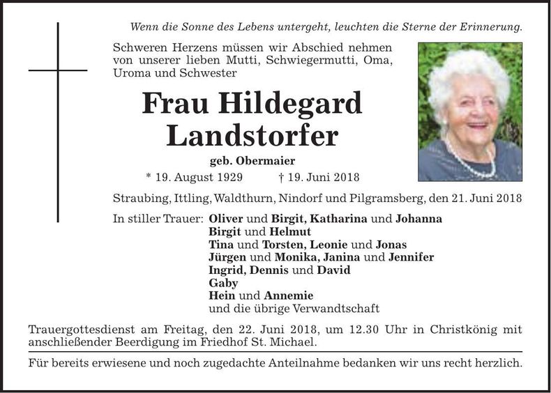 Traueranzeige Hildegard Landstorfer
