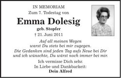 Traueranzeige Emma Dolesig