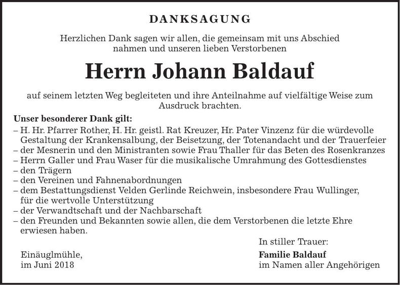 Traueranzeige Johann Baldauf