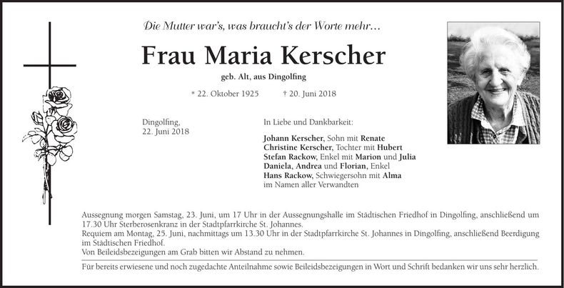 Traueranzeige Maria Kerscher