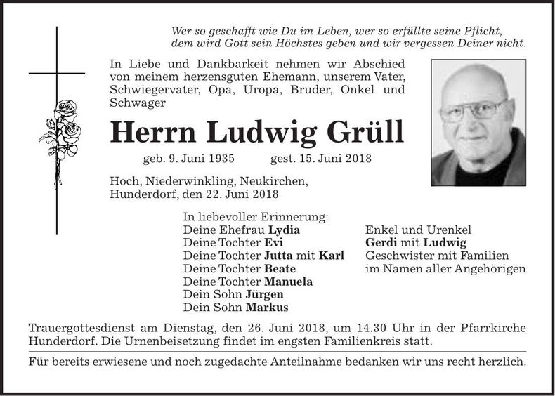 Traueranzeige Ludwig Grüll