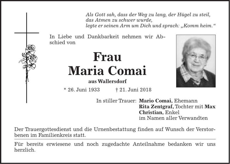 Traueranzeige Maria Comai