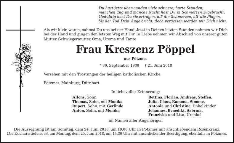 Traueranzeige Kreszenz Pöppel