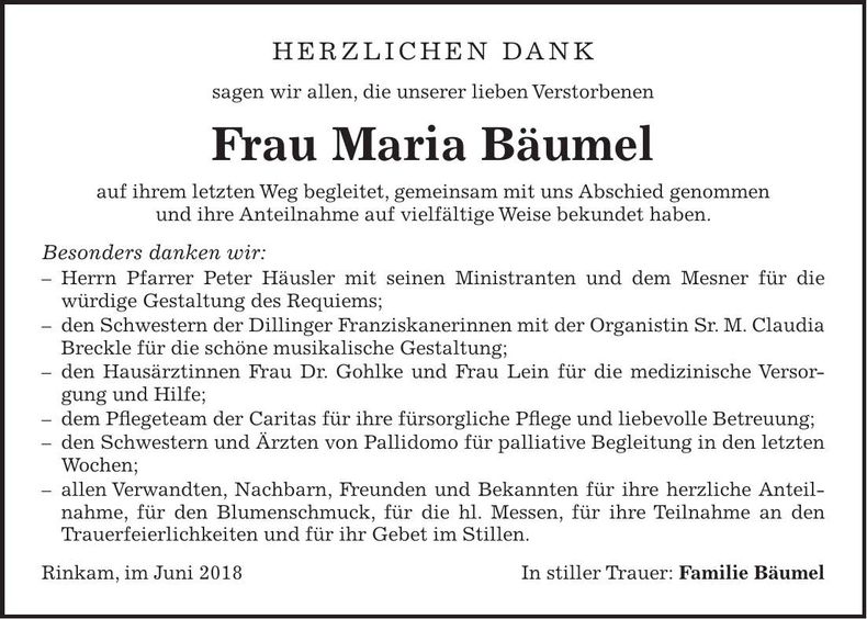 Traueranzeige Maria Bäumel