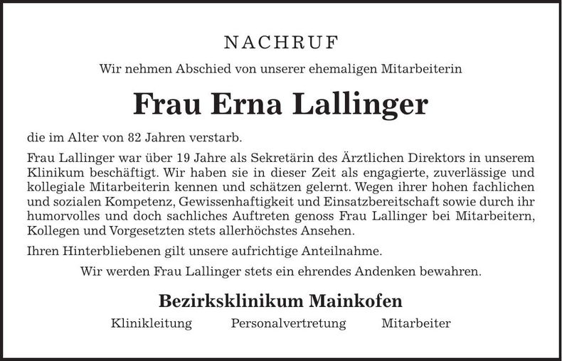 Traueranzeige Erna Lallinger