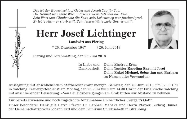 Traueranzeige Josef Lichtinger