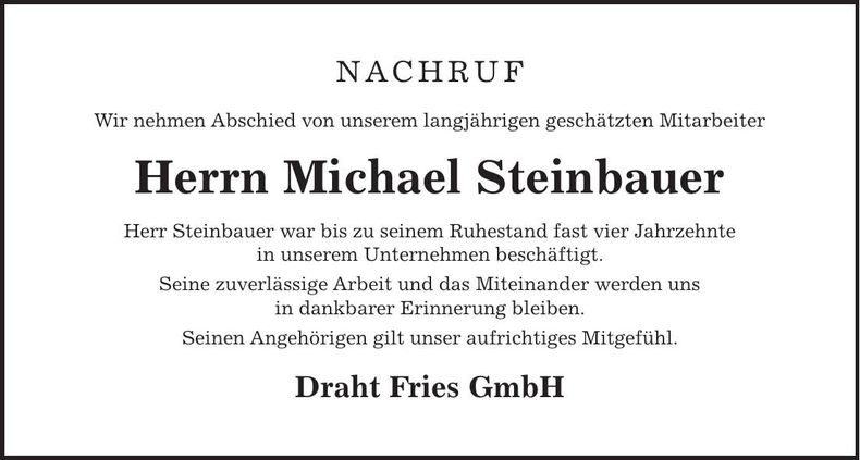 Traueranzeige Michael Steinbauer