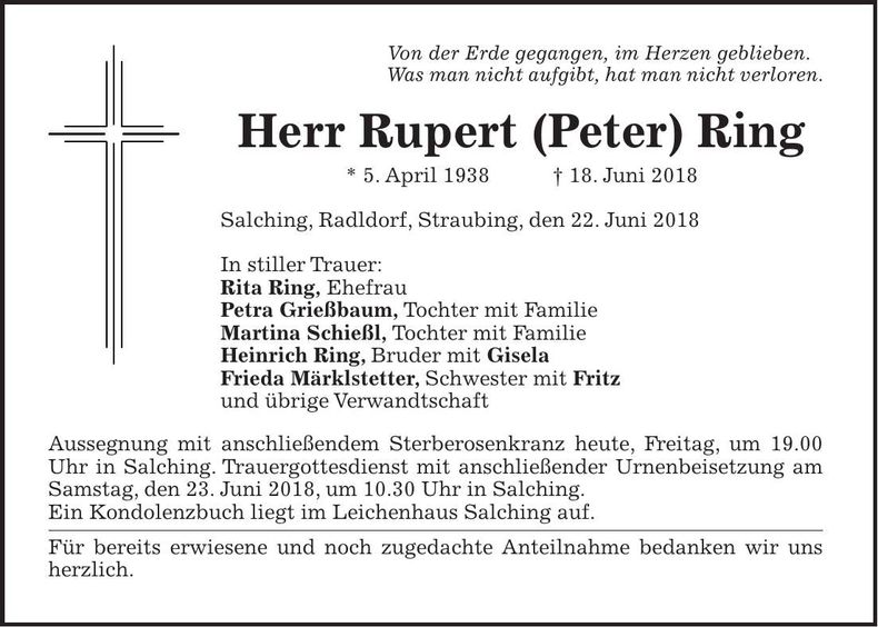 Traueranzeige Rupert (Peter) Ring