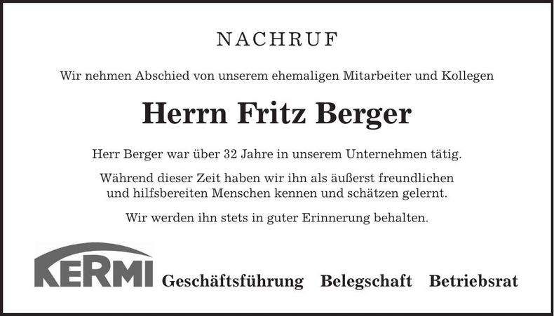 Traueranzeige Fritz Berger