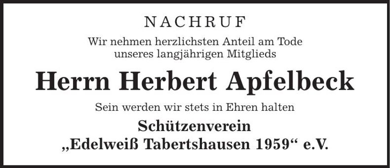 Traueranzeige Herbert Apfelbeck