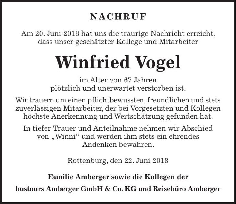 Traueranzeige Winfried Vogel