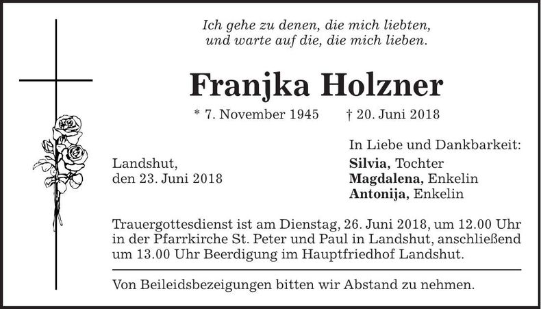 Traueranzeige Franjka Holzner