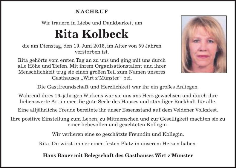Traueranzeige Rita Kolbeck