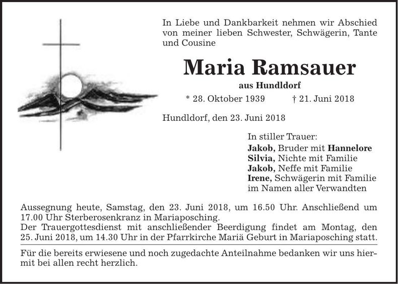 Traueranzeige Maria Ramsauer