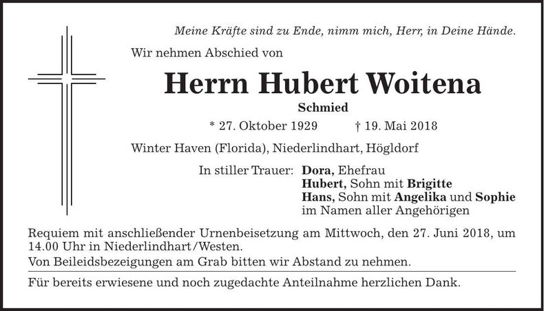 Traueranzeige Hubert Woitena