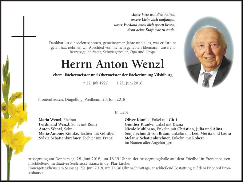Traueranzeige Anton Wenzl