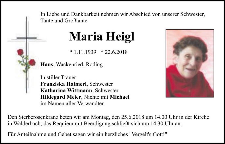 Traueranzeige Maria Heigl