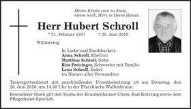 Traueranzeige Hubert Schroll