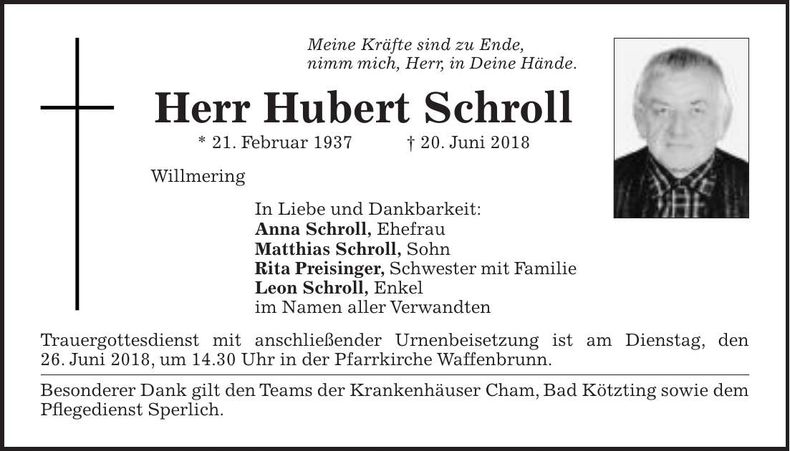 Traueranzeige Hubert Schroll