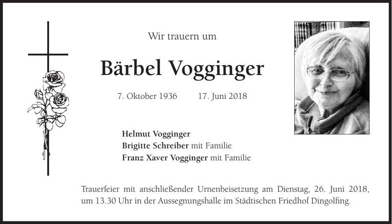 Traueranzeige Bärbel Vogginger