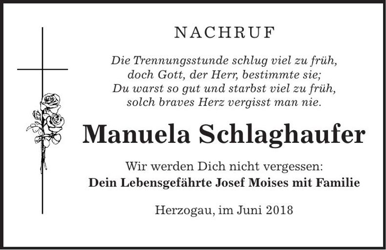 Traueranzeige Manuela Schlaghaufer
