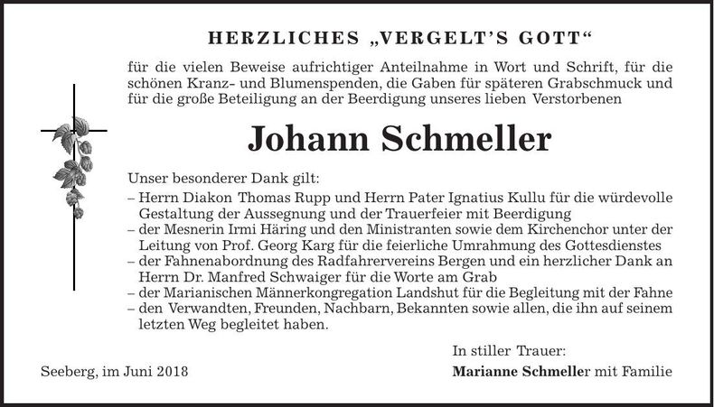 Traueranzeige Johann Schmeller
