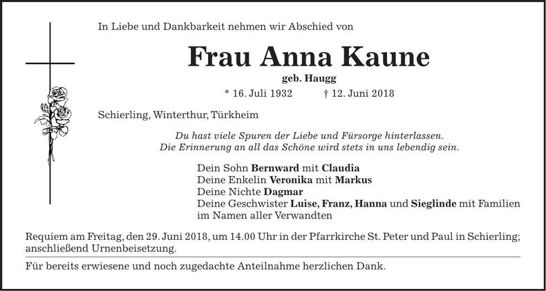 Traueranzeige Anna Kaune