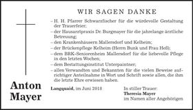 Traueranzeige Anton Mayer