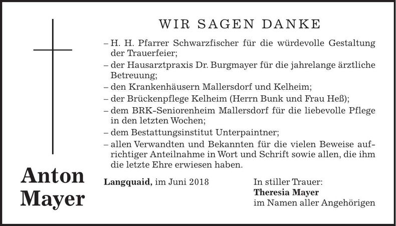 Traueranzeige Anton Mayer