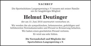 Traueranzeige Helmut Deutinger