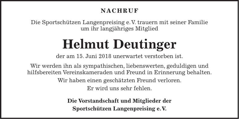 Traueranzeige Helmut Deutinger