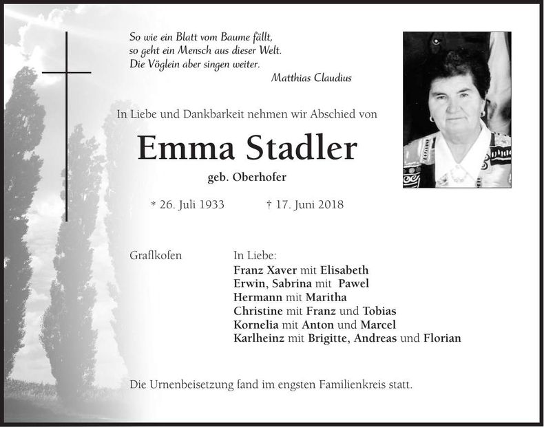 Traueranzeige Emma Stadler