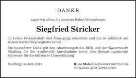 Traueranzeige Siegfried Stricker