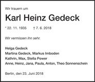 Traueranzeige Karl Heinz Gedeck