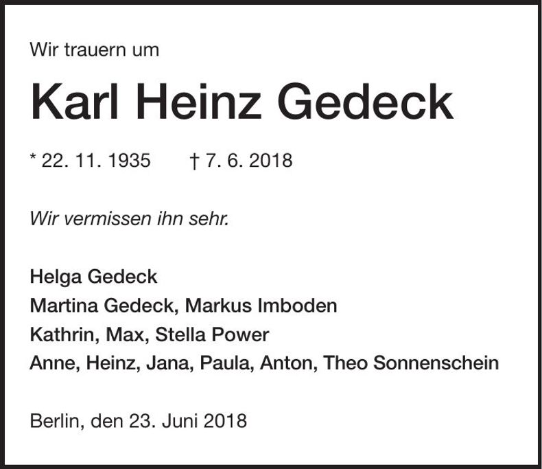 Traueranzeige Karl Heinz Gedeck