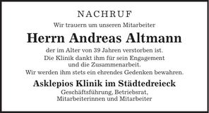 Traueranzeige Andreas Altmann