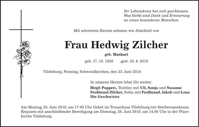 Traueranzeige Hedwig Zilcher