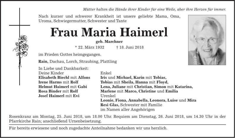 Traueranzeige Maria Haimerl