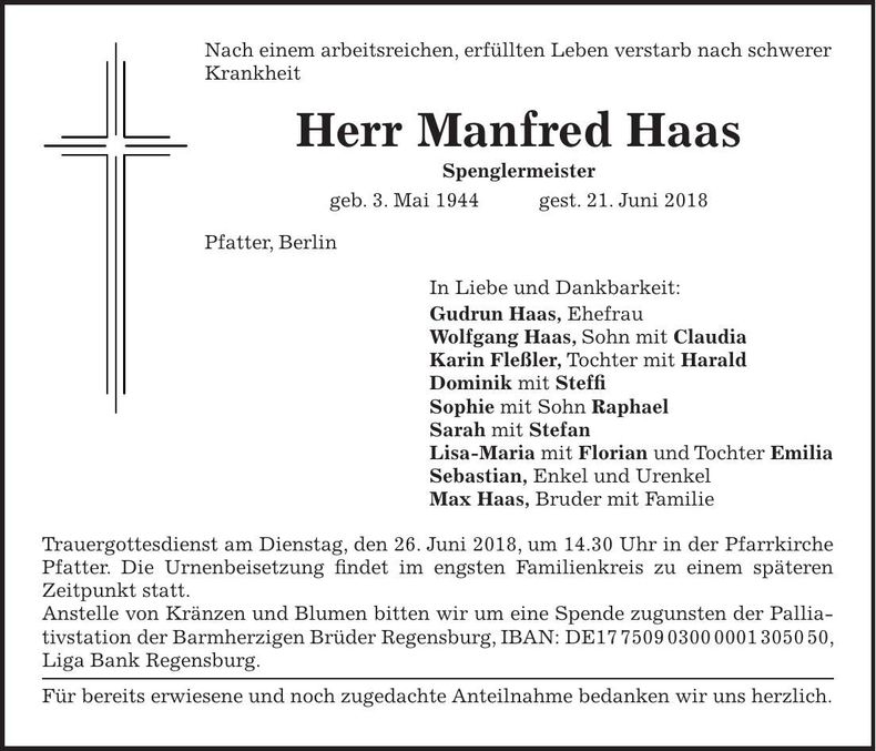 Traueranzeige Manfred Haas