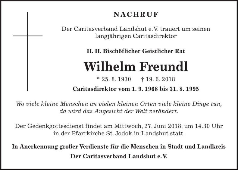 Traueranzeige Wilhelm Freundl