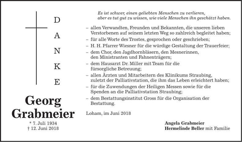 Traueranzeige Georg Grabmeier