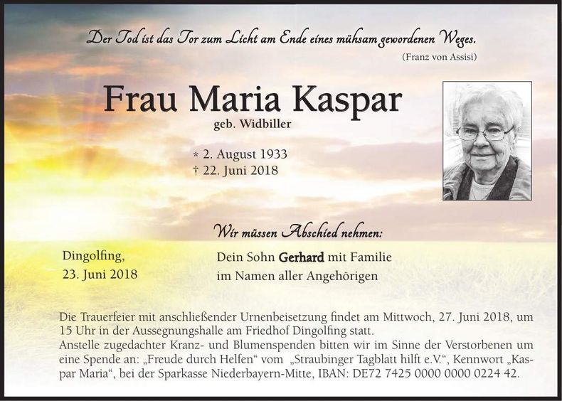 Traueranzeige Maria Kaspar